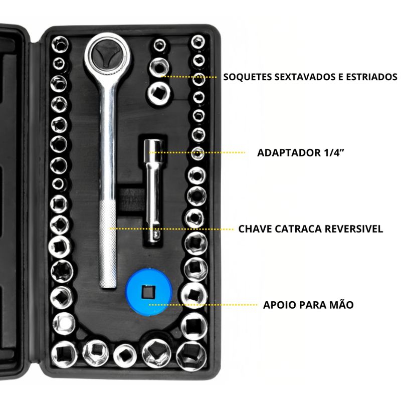 Kit Jogo De Soquete Chave Catraca Reversível 1/4 - 40 Peças